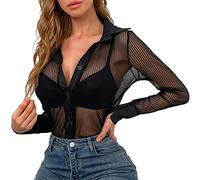 DeaAmyGline Mesh Bluse Damen Sexy - Langarmshirt Hemd Durchsichtige Blusenshirt mit Knopfleiste Revers Sheer T Shirt Langarm Mode Nachtclub Party Hemdbluse Slim Fit Tops Blusen & Tuniken für Frauen