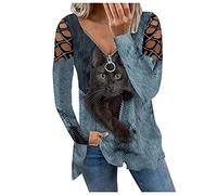 DeaAmyGline Oberteile Damen Langarm V-Ausschnitt Schulterfreie Cutout mit Aufdruck Elegant Locker Freizeit Langarmshirt Tunika Tops Bedruckte Bluse Longshirt Damenoberteile Pullover