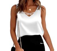 DeaAmyGline Satin Tank Top Damen Sommer Ärmellose Bluse Elegant Seidenbluse Seidentop T Shirt V Ausschnitt Weste Lässig Lockere Sexy Seide Camisole Blusenshirt Tanktops & Träger-Tops Frauen
