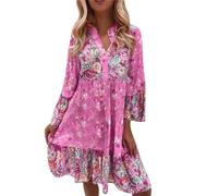 DeaAmyGline Sommerkleid Damen Knielang Boho Kleid Langarm Strandkleid Sommer Frühling Tunika Kleider Elegant Vintage Ethnic Blumen Druck Blusenkleid Midikleid Frühlingskleid Freizeitkleid für Fauen