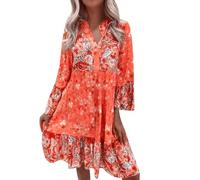 DeaAmyGline Sommerkleid Damen Knielang Boho Kleid Langarm Strandkleid Sommer Frühling Tunika Kleider Elegant Vintage Ethnic Blumen Druck Blusenkleid Midikleid Frühlingskleid Freizeitkleid für Fauen