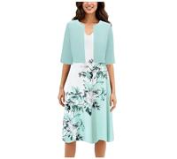 DeaAmyGline Sommerkleid Damen Knielang Kleider Festlich Elegant Abendkleid Midi Brautmutterkleider mit Jacke Blumen Drucken Brautmutter Kleid Hochzeitsgast Cocktailkleid Partykleid für Fauen