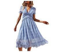 DeaAmyGline Sommerkleid Damen Lang Boho Kleid Blumenkleid Strandkleid Sommer V-Ausschnitt Maxikleid Kurzarm Rüschen Blumen A Linien Swing Lange Kleider Elegant Partykleid Freizeitkleid für Fauen