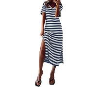 DeaAmyGline Sommerkleid Damen Lang Gestreiftes Kleid Sommer Strandkleid Maxikleid Kurzarm V-Ausschnitt mit Schlitz Lange T Shirt Kleider Boho Urlaub Casual Lockerer Freizeitkleid für Frauen