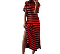 DeaAmyGline Sommerkleid Damen Lang Gestreiftes Kleid Sommer Strandkleid Maxikleid Kurzarm V-Ausschnitt mit Schlitz Lange T Shirt Kleider Boho Urlaub Casual Lockerer Freizeitkleid für Frauen