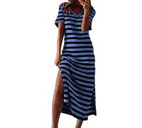 DeaAmyGline Sommerkleid Damen Lang Gestreiftes Kleid Sommer Strandkleid Maxikleid Kurzarm V-Ausschnitt mit Schlitz Lange T Shirt Kleider Boho Urlaub Casual Lockerer Freizeitkleid für Frauen