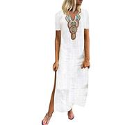 DeaAmyGline Sommerkleid Damen Lang,Maxikleid Damen V-Ausschnitt - Boho Kleid Damen Sommer Vintage Kaftan Lange Kleider Kurzarm Ethnischer Blumen mit Schlitz Lässig Locker Freizeitkleid Strandkleider