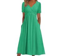 DeaAmyGline Sommerkleid Damen Lang Maxikleid V-Ausschnitt Tunika Kleid Sommer Strandkleid Elegant Kurzarm Lange Kleider mit Taschen Plissee Einfarbig Freizeitkleid Blusenkleid Midikleid für Fauen