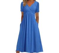 DeaAmyGline Sommerkleid Damen Lang Maxikleid V-Ausschnitt Tunika Kleid Sommer Strandkleid Elegant Kurzarm Lange Kleider mit Taschen Plissee Einfarbig Freizeitkleid Blusenkleid Midikleid für Fauen