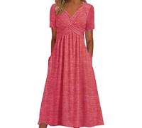 DeaAmyGline Sommerkleid Damen Lang Maxikleid V-Ausschnitt Tunika Kleid Sommer Strandkleid Elegant Kurzarm Lange Kleider mit Taschen Plissee Einfarbig Freizeitkleid Blusenkleid Midikleid für Fauen