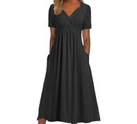 DeaAmyGline Sommerkleid Damen Lang Maxikleid V-Ausschnitt Tunika Kleid Sommer Strandkleid Elegant Kurzarm Lange Kleider mit Taschen Plissee Einfarbig Freizeitkleid Blusenkleid Midikleid für Fauen