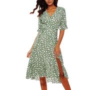 DeaAmyGline Sommerkleid Damen Lang Strandkleid Blusenkleid Boho Kleid Sommer V-Ausschnitt Wickelkleid Blumen Drucken Kurzarm Kleider mit Schlitz Midikleid Partykleid Freizeitkleid für Fauen