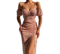 DeaAmyGline Sommerkleid Damen Lang Trägerkleid Sexy Schulterfreies Kleider Bodycon Blumenkleid Sommer Spaghettiträger Kleid mit Schlitz Slim Fit Abendkleid Freizeitkleid Partykleid für Frauen