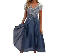 DeaAmyGline Sommerkleid Damen V-Ausschnitt Abendkleid Lang Kleider Festlich Elegant Maxikleid Sommer Glitzer Druck Rüschen Swing Cocktailkleid Partykleid Hochzeitsgast Kleid Freizeitkleid für Fauen