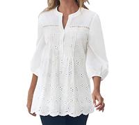 DeaAmyGline Spitzen Oberteile Damen Elegant - Bluse mit Knopfleiste T Shirt Damen V Ausschnitt Spitze Häkeln Stickerei Tunika Große Größen Top Lockere Lässige Weiss Hemden Blusen & Tuniken für Damen