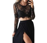 DeaAmyGline Spitzen Oberteile Damen Sexy - Crop Tops Spitzentop Bluse Damen Elegant Mesh Elegant Langarm Basic Cropped Shirt Slim Fit Party Oberteil Enge Top Blusen & Tuniken für Damen