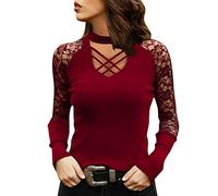 DeaAmyGline Spitzen Oberteile Damen,Sexy V-Ausschnitt Cut Out Langarmshirt Pullover Party Oberteil T Shirt Langarm Elegant Slim Fit Tunika Tops Bluse Sweatshirt Blusen & Tuniken für Damen