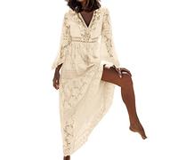 DeaAmyGline Strandkleid Damen Sommer Maxikleid Spitzenkleid Sommerkleid Lang V Ausschnitt BohoSpitzen Häkelkleid Langarm Quaste Swing Lange Kleider Festlich Elegant Party Freizeitkleid