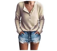 DeaAmyGline Waffel Stricktop Damen Pullover - Langarm T-Shirt V-Ausschnitt Strickpullover Henley Shirt mit Knopfleiste Tunika Top Locker Lässig Gestrickte Langarmshirt Pulli T-Shirts für Frauen