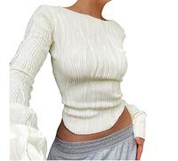 DeaAmyGline Y2k Crop Tops Damen Langarm - Basic Langarmshirt Sexy T Shirt Slim Fit Busenfrei Oberteile Rundhals Cropped Pullover Stricken Top Bluse T-Shirts für Frauen Teenager Mädchen Streetwear