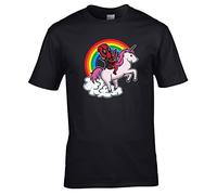 Deadpool Riding a Unicorn Cartoon Rainbow T-Shirt Gr. L, Schwarz