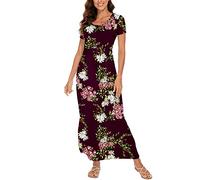 DEARCASE Damen Maxikleid Sommer Umstands Casual Kurzarm Blumen Lockeres Langes Kleider Übergröße Damenkleid mit Tasche