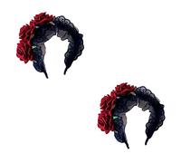 DEARMAMY 2 Stck Rotes Rosen Haarband aus Breiter Schwarzer Spitze Leichter Blüten Haarschmuck für Damen und Mädchen Eleganter Stirnband für Hochzeit Festival und Karneval Passend