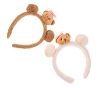 DEARMAMY Weiche Plüsch Stirnbänder Beige und Kaffeefarben mit Bärenohren und Schleife 2 Stück pack Rutschfest Süßes Haarband für Intensive Hautpflege und Schlaf