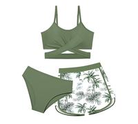 Dearnow Mädchen Badeanzug 3-teilig Badeanzug Criss Cross Bikini Set Mädchen Bademode mit Shorts 7-16T, Grün , 11-12 Jahre