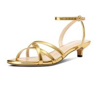 DearOnly Damen-Sandalen mit Knöchelriemen, offener Zehenbereich, niedriger Absatz, Riemen, Kätzchen-Absatz, Slingback, Abschlussball, Schnalle, 3,6 cm Absätze, Goldgelb, 40.5 EU