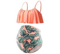 DEBELLY Umstands-Bikini-Set, Zweiteiliger Badeanzug, Rüschen, Damen, Badeanzüge, hohe Taille, Vintage-Schwangerschafts-Bademode, Orange Leafs, XL