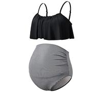 DEBELLY Umstands-Bikini-Set, zweiteiliger Badeanzug, Rüschen, Damen, Badeanzüge, hohe Taille, Vintage-Schwangerschafts-Bademode, schwarze streifen, S
