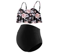 DEBELLY Umstands-Bikini-Set, zweiteiliger Badeanzug, Rüschen, Damen, Badeanzüge, hohe Taille, Vintage-Schwangerschafts-Bademode, Rosenblüte schwarz, Medium