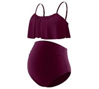 DEBELLY Umstands-Bikini-Set, zweiteiliger Badeanzug, Rüschen, hohe Taille, Vintage, Schwangerschafts-Bademode, Burgunder, S