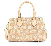 DeCarbonize Damen Henkeltasche aus Kork Vegan Leder Barrel Bowler Umhängetasche Crossbody Nachhaltig (Blumen Weiß)