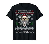 Deck the Halls with Skulls Christmas Viking Santa T-Shirt - Herren Unisex-Erwachsene Klein Schwarz Klassische Passform V-Ausschnitt Kurzarm Winter Einfarbig Pull-On Gothic Skull T-Shirt S