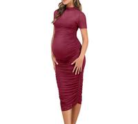 Dedysler Figurbetontes Umstandskleid aus Netzstoff für Babyparty, sexy, Stehkragen, lang, legere Schwangerschaftskleidung mit Reißverschluss hinten, Wein, Groß
