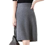 Deepsko Damen-Strickrock aus Wolle, locker, gerade, lässig, einfarbig, elastische Taille, knielange Röcke, grau, XL