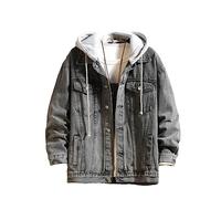 Deepsko Herren Jeansjacke Mit Kapuze, Lässig, Straße, Einfarbig, Revers, Frühling, Herbst, Top, Oberbekleidung gray9 Asian size 3XL