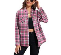 Deer Lady Damen Plaid Flanellhemd Casual Button Down Shirts Oversized Langarm Bluse Top, Z-427-pink, Mittel