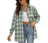Deer Lady Damen Plaid Flanellhemd Casual Button Down Shirts Oversized Langarm Bluse Top, Z-grün04, Mittel