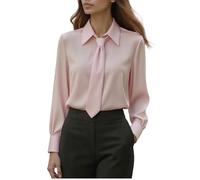 DeHolifer Blusen Damen Elegante, Seidenblusen Damen Büroblusen Umlegekragen Langarmshirt mit Krawatte Oberteile Einfarbig Hemdbluse Arbeitshemd Seiden Business Blusenshirt Lässiges Locker Oberhemd