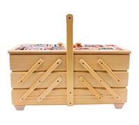 Hochwertiger Nähkasten, Nähkästchen aus Furnierholz mit 7 Fächern und Stoffbezug Nadelmotiv in Natur, L/B/H 42 x 20 x 21 cm