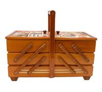 Dekohelden24 Hochwertiger Nähkasten, Nähkästchen aus Furnierholz mit 7 Fächern und Stoffbezug Nadelmotiv in Mahagoni, L/B/H 42 x 20 x 21 cm