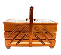 Dekohelden24 Hochwertiger Nähkasten, Nähkästchen aus Furnierholz mit 7 Fächern und Stoffbezug Rosenmotiv in Mahagoni, L/B/H 42 x 20 x 21 cm