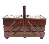 Hochwertiger Nähkasten, Nähkästchen aus Furnierholz mit 7 Fächern und Stoffbezug Rosenmotiv in Braun, L/B/H 42 x 20 x 21 cm