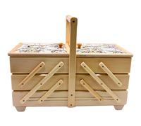 Dekohelden24 Hochwertiger Nähkasten, Nähkästchen aus Furnierholz mit 7 Fächern und Stoffbezug Rosenmotiv in Natur, L/B/H 42 x 20 x 21 cm