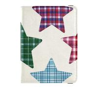 Dekorative Reisebrieftasche für Damen, Cartoon-Design, kariert, Stern, Beige, Leder, Reisepasshülle, Impfausweis, Impfkartenhalter, Brieftasche, ultradünn, Kariertes Karomuster mit Sternen, Beige, 1