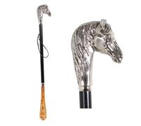 DELFA Design Schuhanzieher Schuhlöffel 70 cm mit silbernem Pferd als Griff - schwarzer Holzschaft mit Schlaufe - die elegante Anziehhilfe