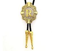 DELIGUO Bolo Ties Krawatte Für Herren - Oval Initialen Buchstabe Goldenes Kreuz Schild Krawatte Schmuck, Western Cowboy Leder Seil Anhänger Halskette Kostümzubehör,R,Einheitsgröße